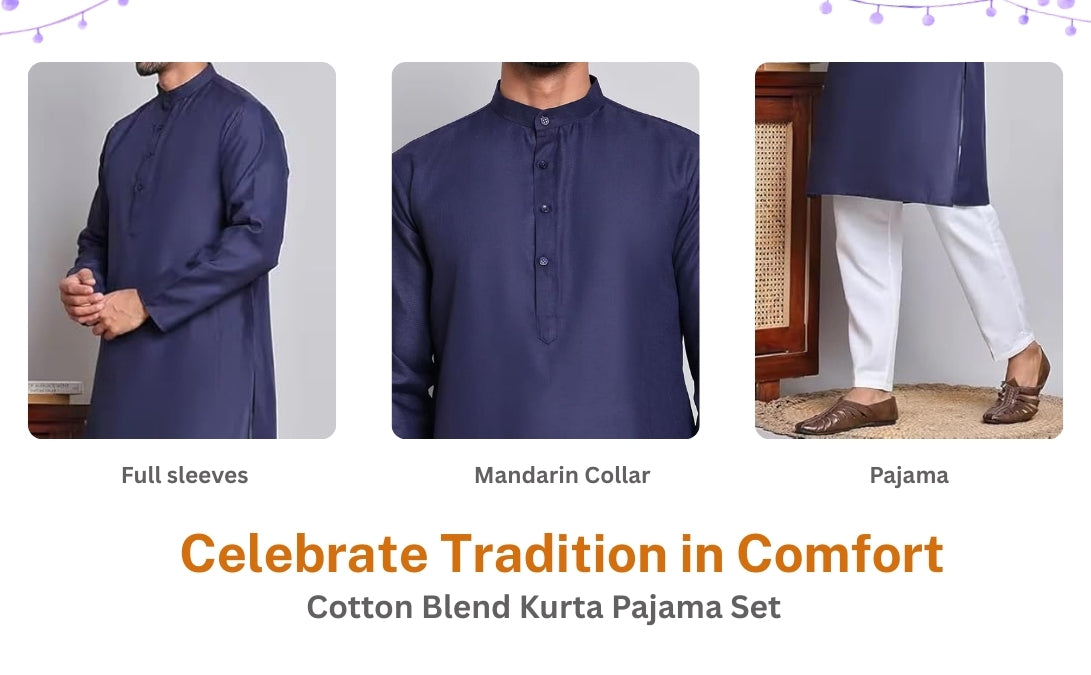Men’s Navy Blue Solid Cotton Kurta Set