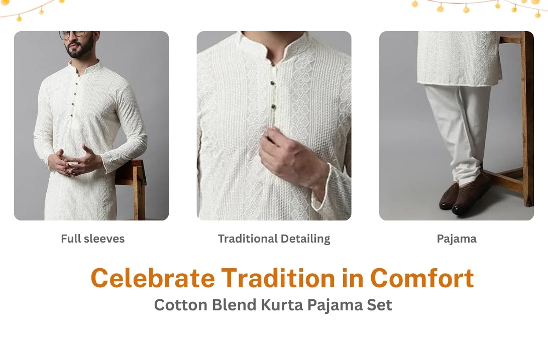 Men's Off White Kurta Set: Textured Cotton Blend, Cream Churidar
