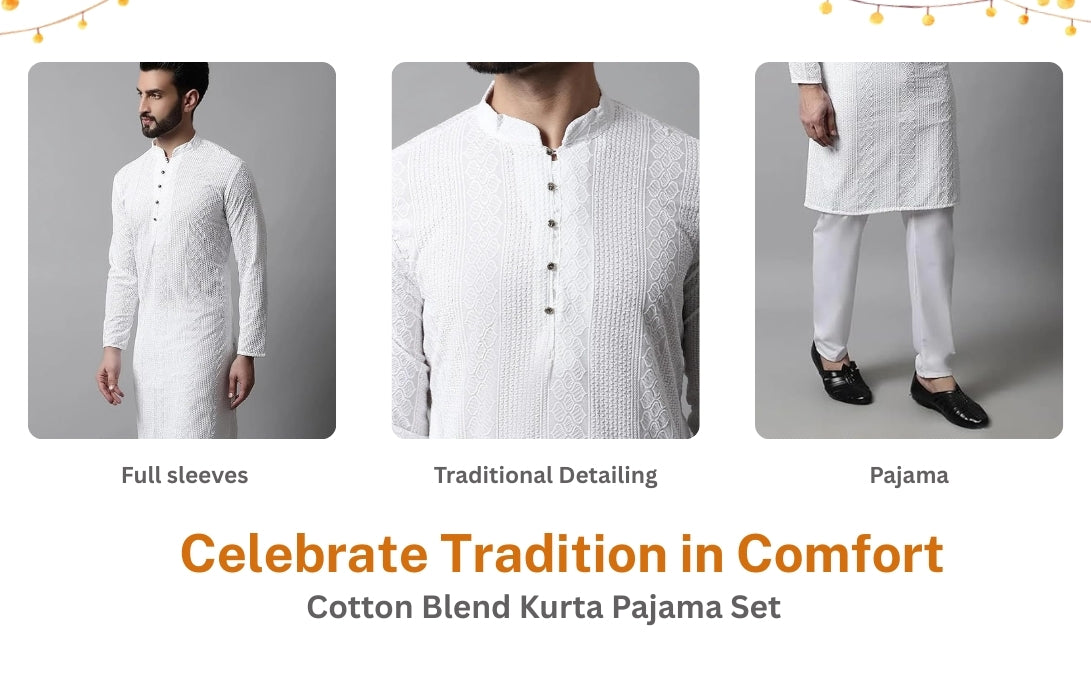 White Textured Weave Kurta Set: Men's Cotton Blend, Wedding Festive Wear