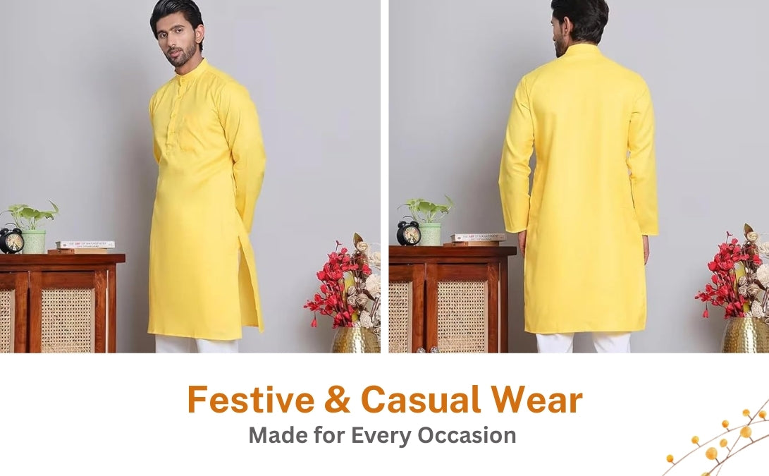 Men’s Yellow Solid Cotton Kurta Set