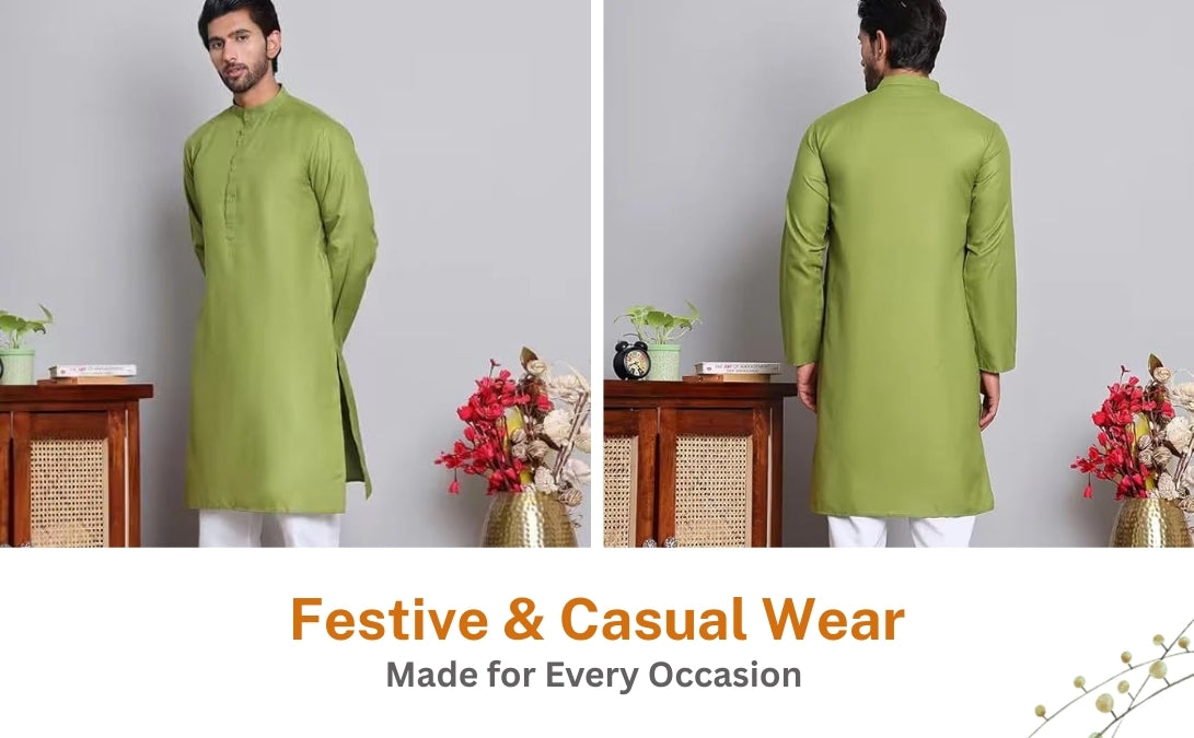 Men’s Green Solid Cotton Kurta Set