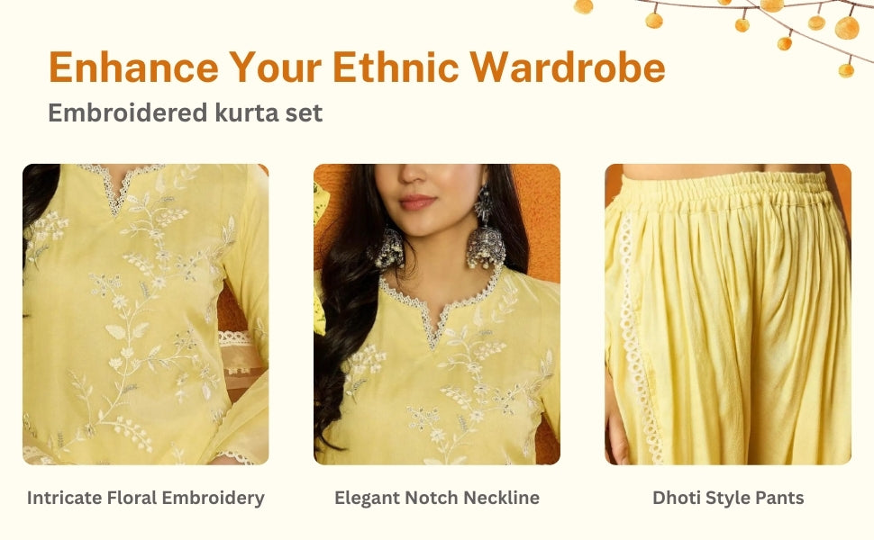 Yellow Organza Embroidered Kurta Dhoti Pant Set with Dupatta