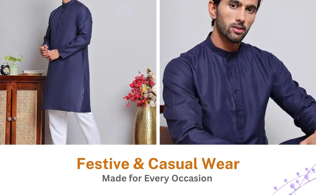 Men’s Navy Blue Solid Cotton Kurta Set