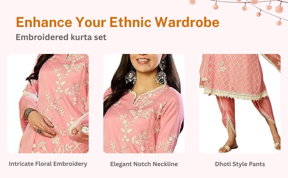 Pink Organza Embroidered Kurta Dhoti Pant Set