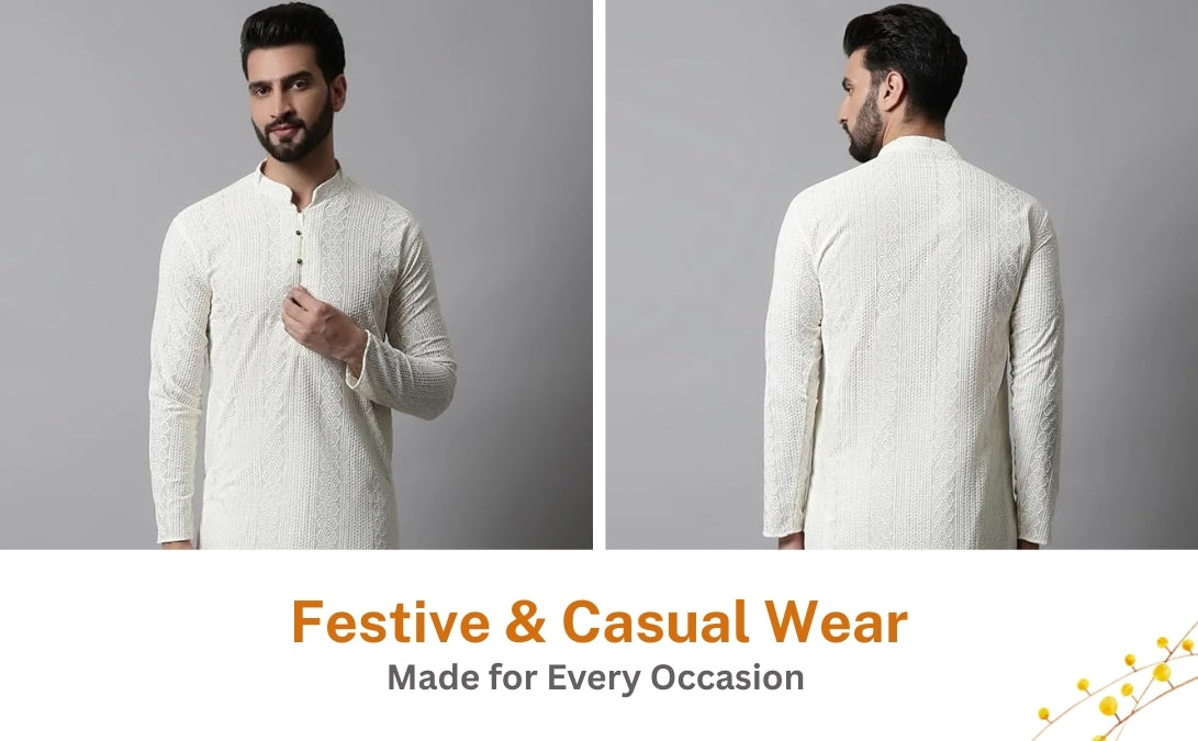 Men's Off White Kurta Set: Textured Cotton Blend, Cream Churidar