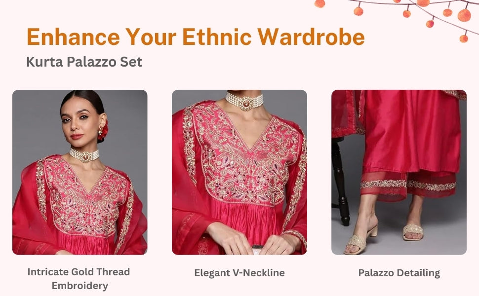 Rani Pink Embroidered Silk Blend Kurta Palazzo Dupatta Set