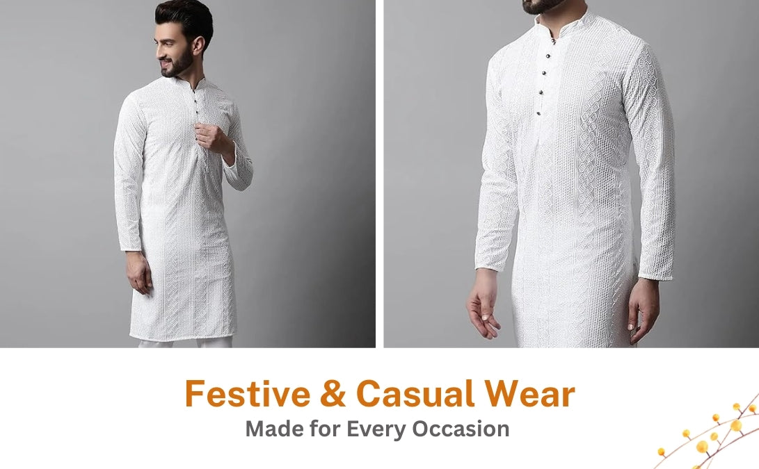 White Textured Weave Kurta Set: Men's Cotton Blend, Wedding Festive Wear