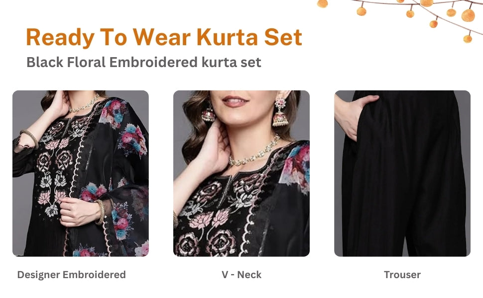 Black Embroidered Kurta Set With Organza Dupatta