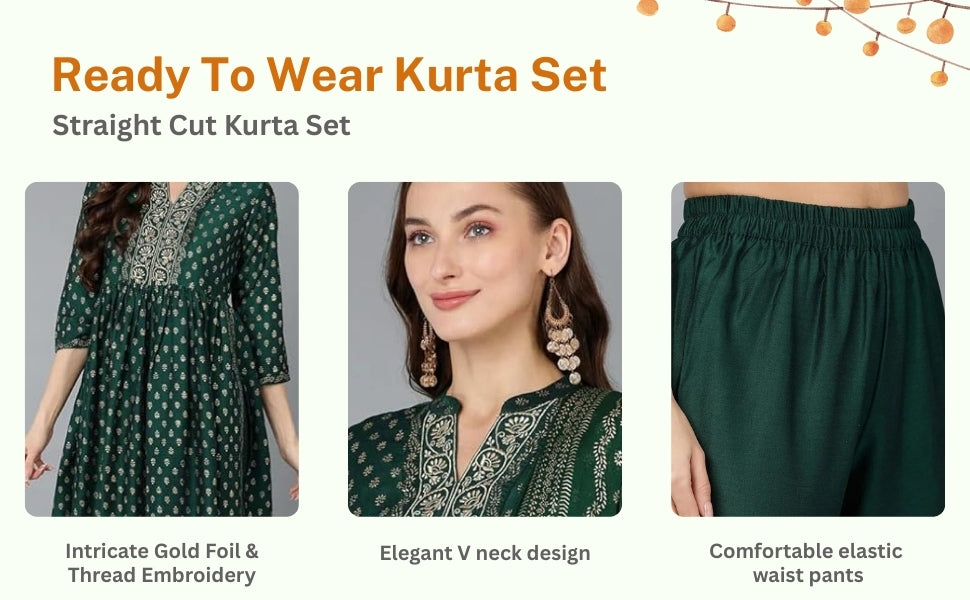Emerald Green Kurta Set: Gold Foil Print Silk Blend Dupatta