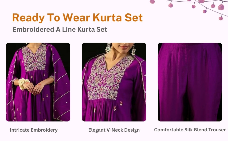 Purple Embroidered Kurta Pant Set: Silk Blend Dupatta