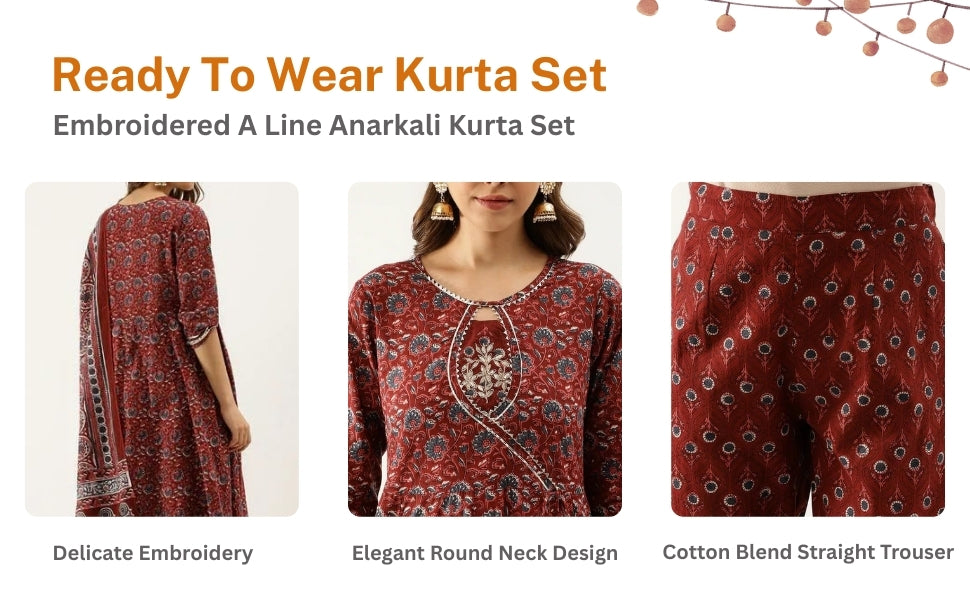 Maroon Cotton Anarkali Kurta Set: Gotta Patti Embroidery