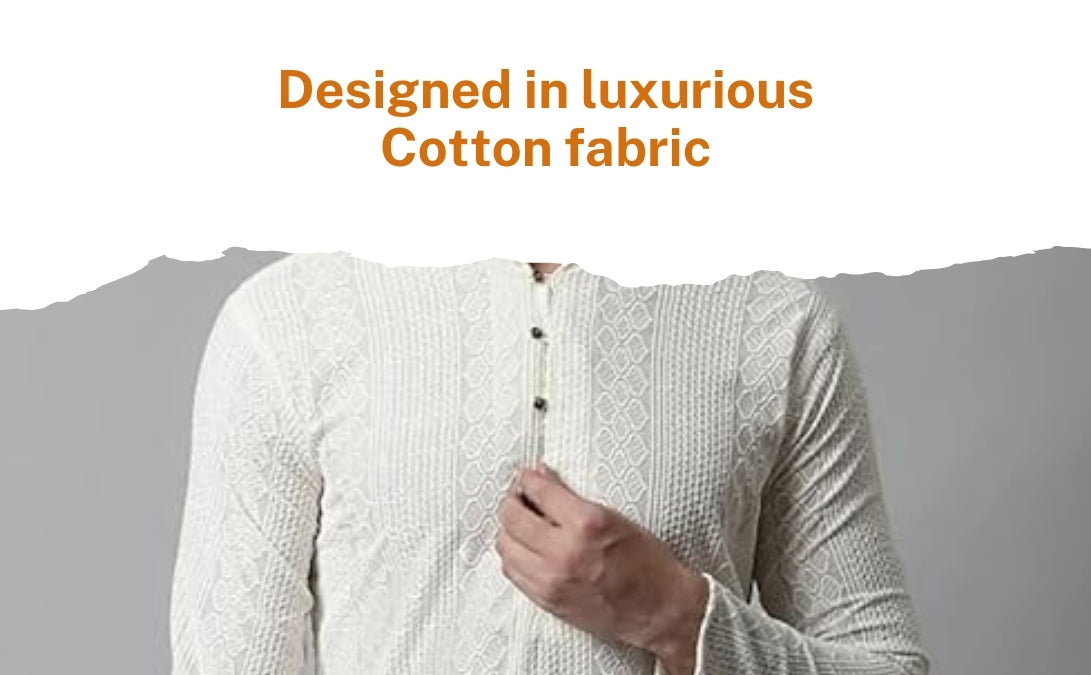 Men's Off White Kurta Set: Textured Cotton Blend, Cream Churidar
