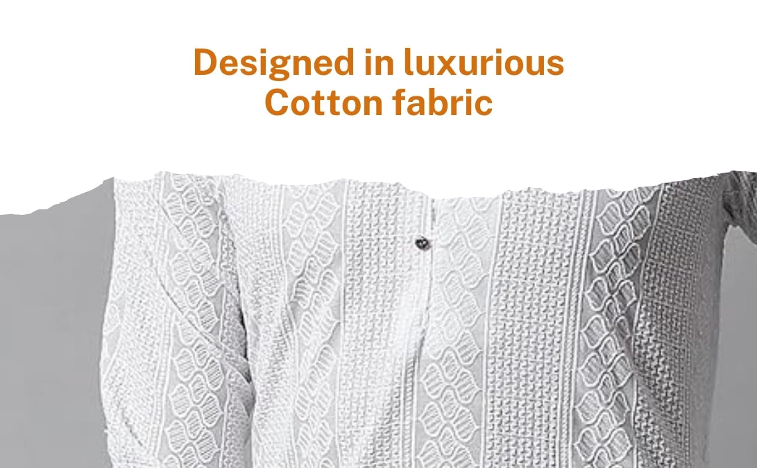 White Textured Weave Kurta Set: Men's Cotton Blend, Wedding Festive Wear