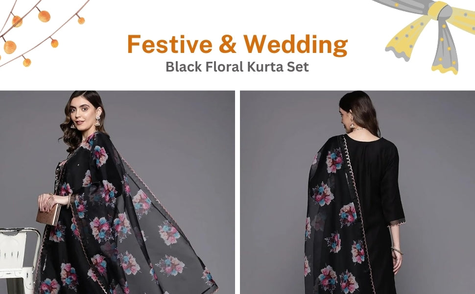 Black Embroidered Kurta Set With Organza Dupatta