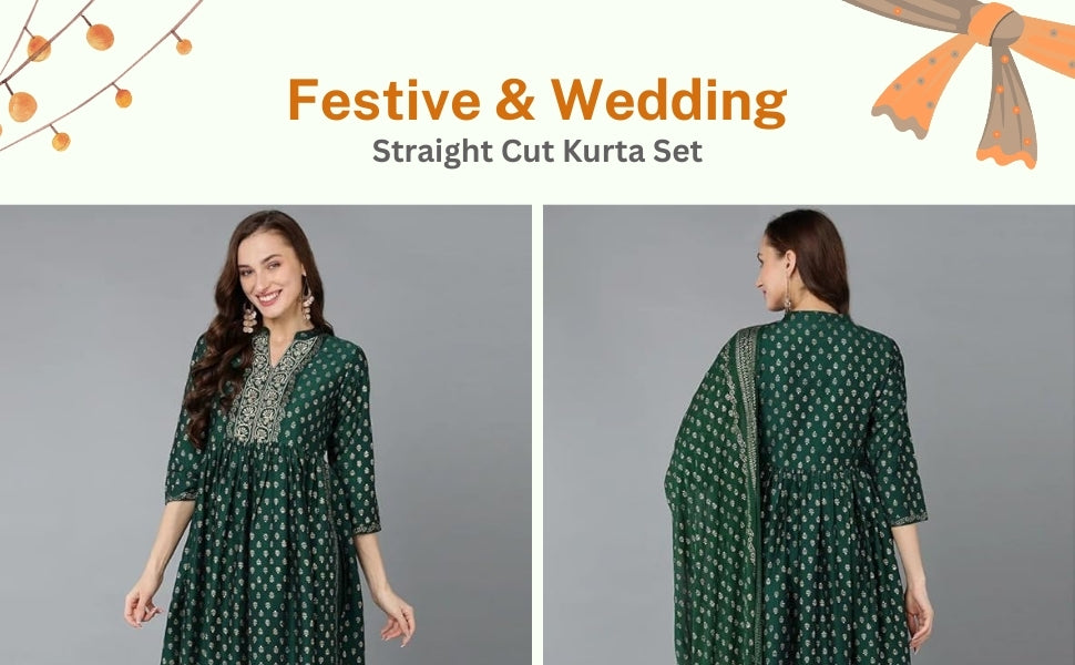 Emerald Green Kurta Set: Gold Foil Print Silk Blend Dupatta