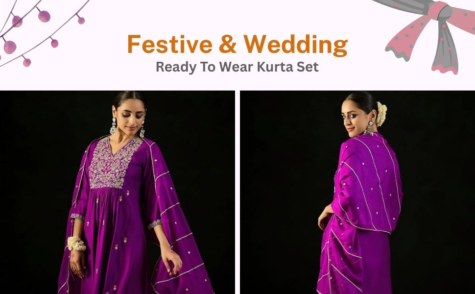 Purple Embroidered Kurta Pant Set: Silk Blend Dupatta