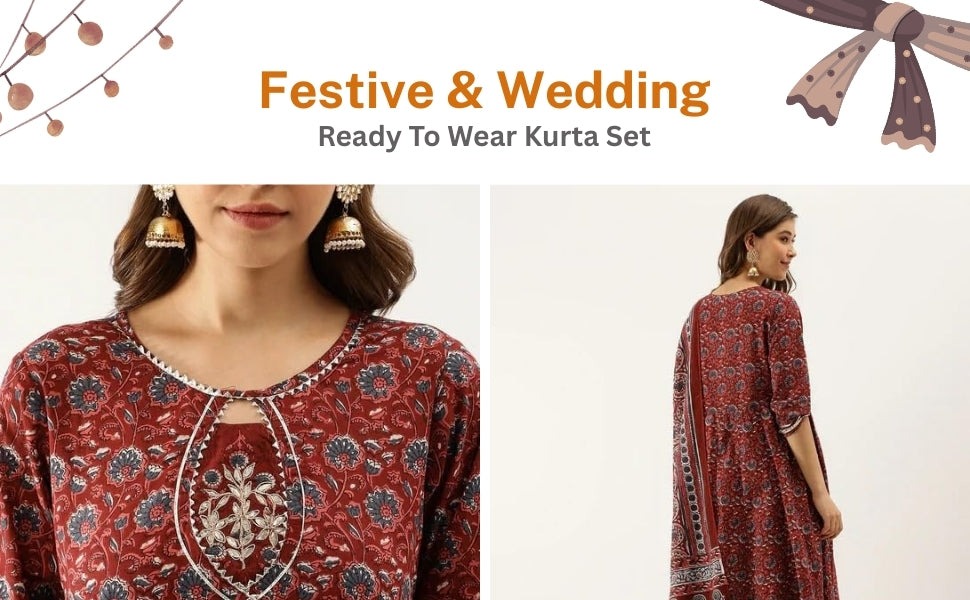 Maroon Cotton Anarkali Kurta Set: Gotta Patti Embroidery