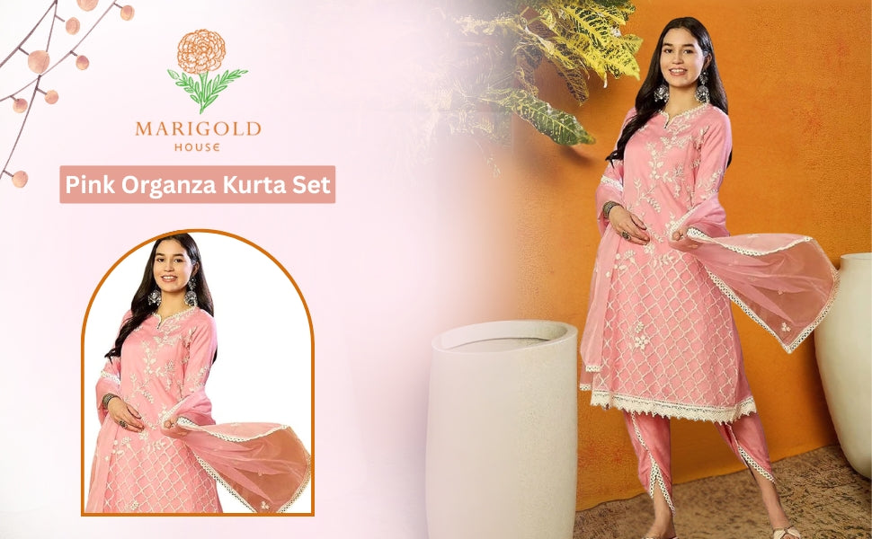 Pink Organza Embroidered Kurta Dhoti Pant Set