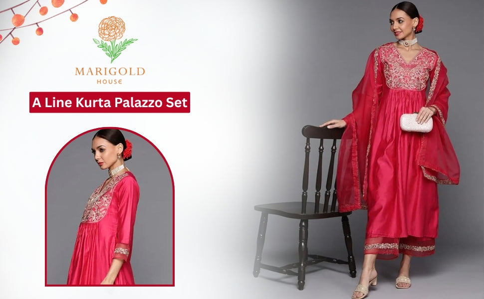 Rani Pink Embroidered Silk Blend Kurta Palazzo Dupatta Set