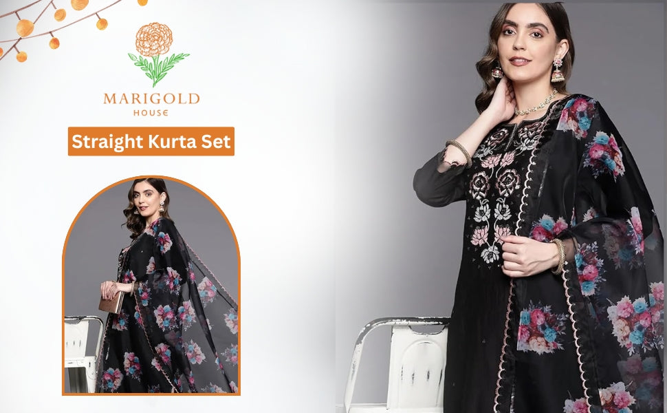 Black Embroidered Kurta Set With Organza Dupatta