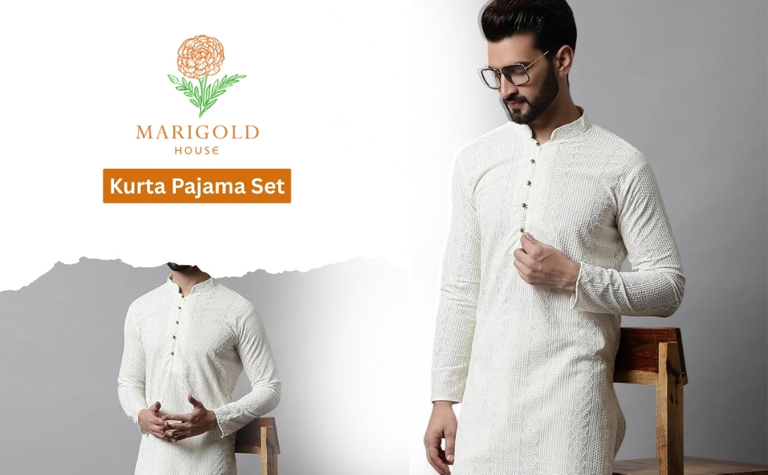 Men's Off White Kurta Set: Textured Cotton Blend, Cream Churidar