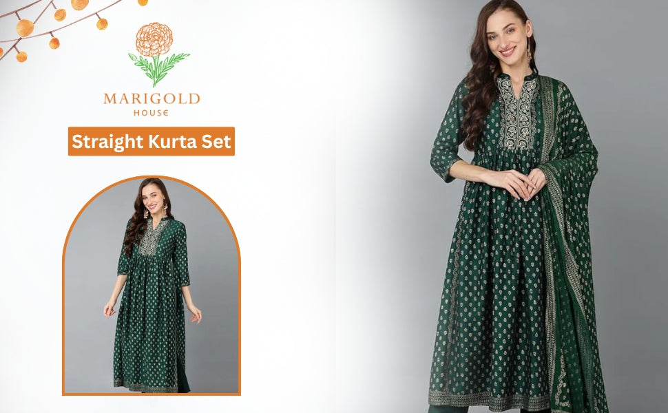 Emerald Green Kurta Set: Gold Foil Print Silk Blend Dupatta