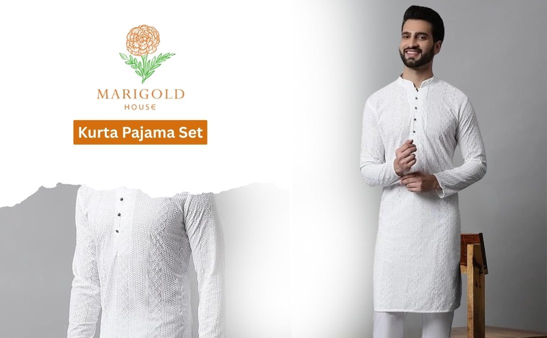 White Textured Weave Kurta Set: Men's Cotton Blend, Wedding Festive Wear