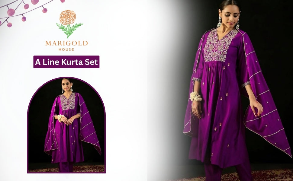 Purple Embroidered Kurta Pant Set: Silk Blend Dupatta