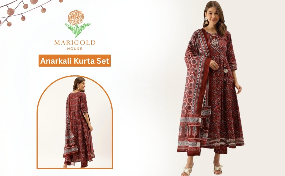 Maroon Cotton Anarkali Kurta Set: Gotta Patti Embroidery