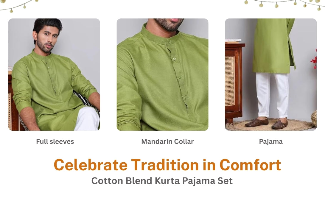 Men’s Green Solid Cotton Kurta Set