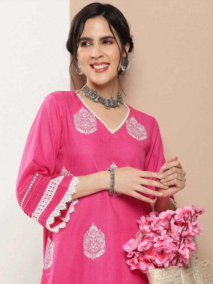 Pink Embroidered Kurta With Solid Pink Palazzo