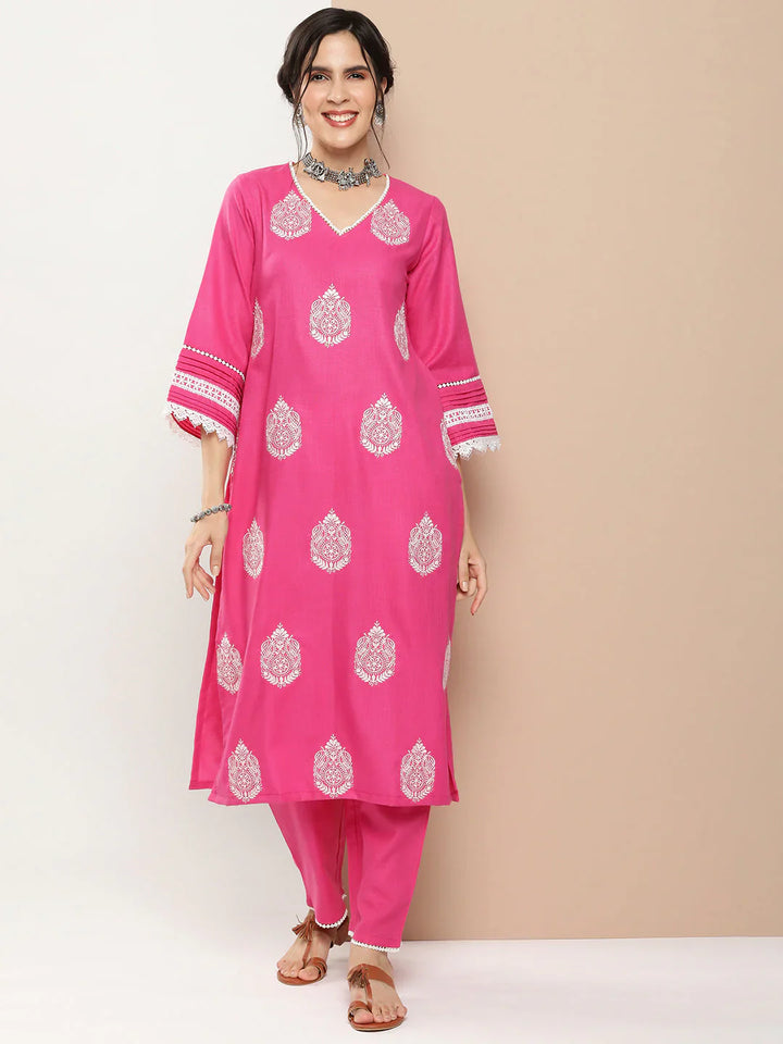 Pink Embroidered Kurta With Solid Pink Palazzo