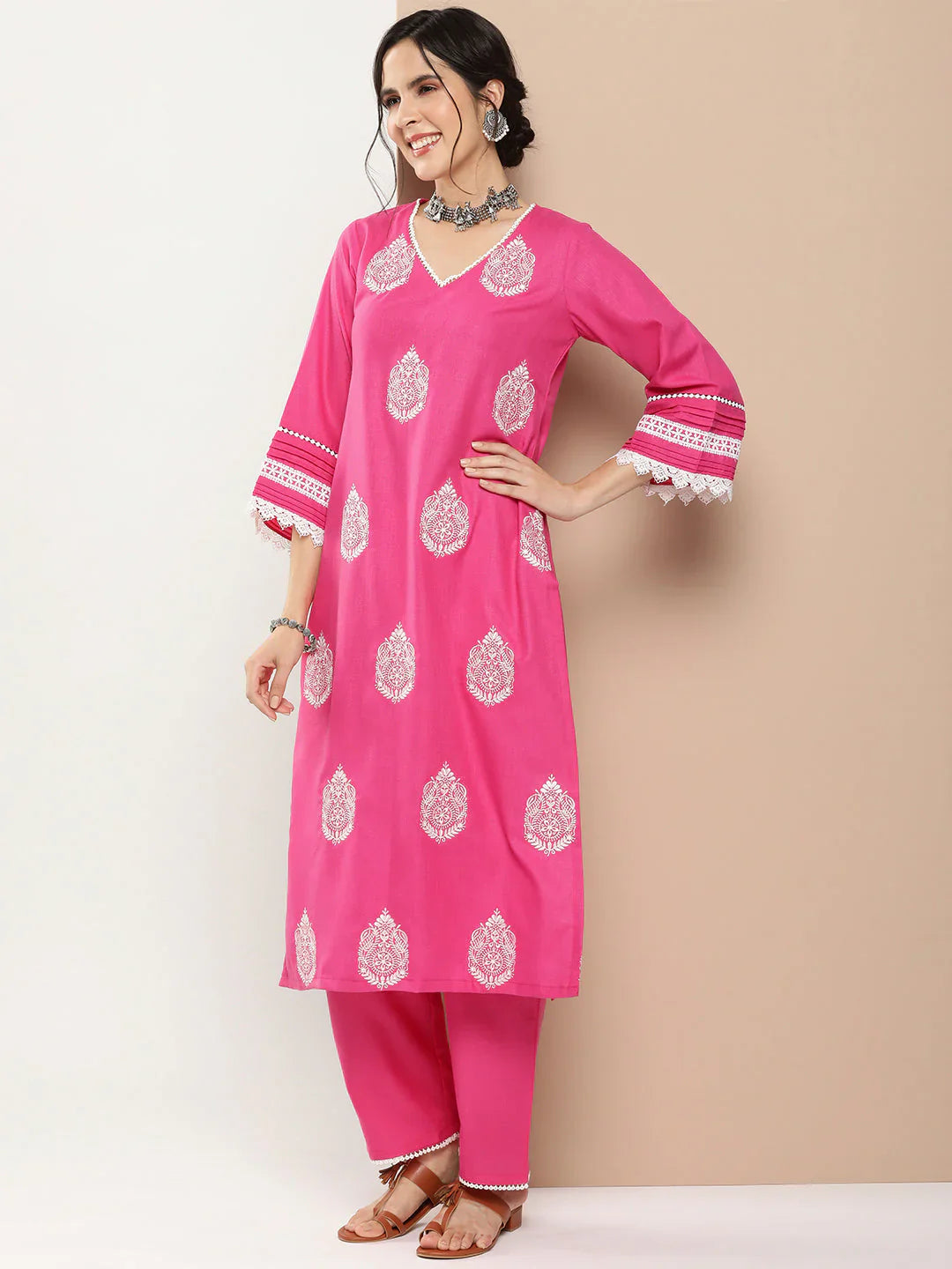 Pink Embroidered Kurta With Solid Pink Palazzo