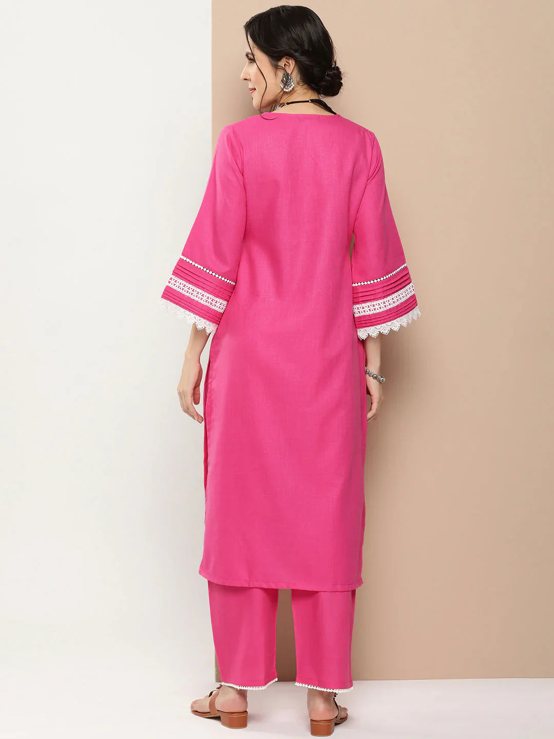 Pink Embroidered Kurta With Solid Pink Palazzo