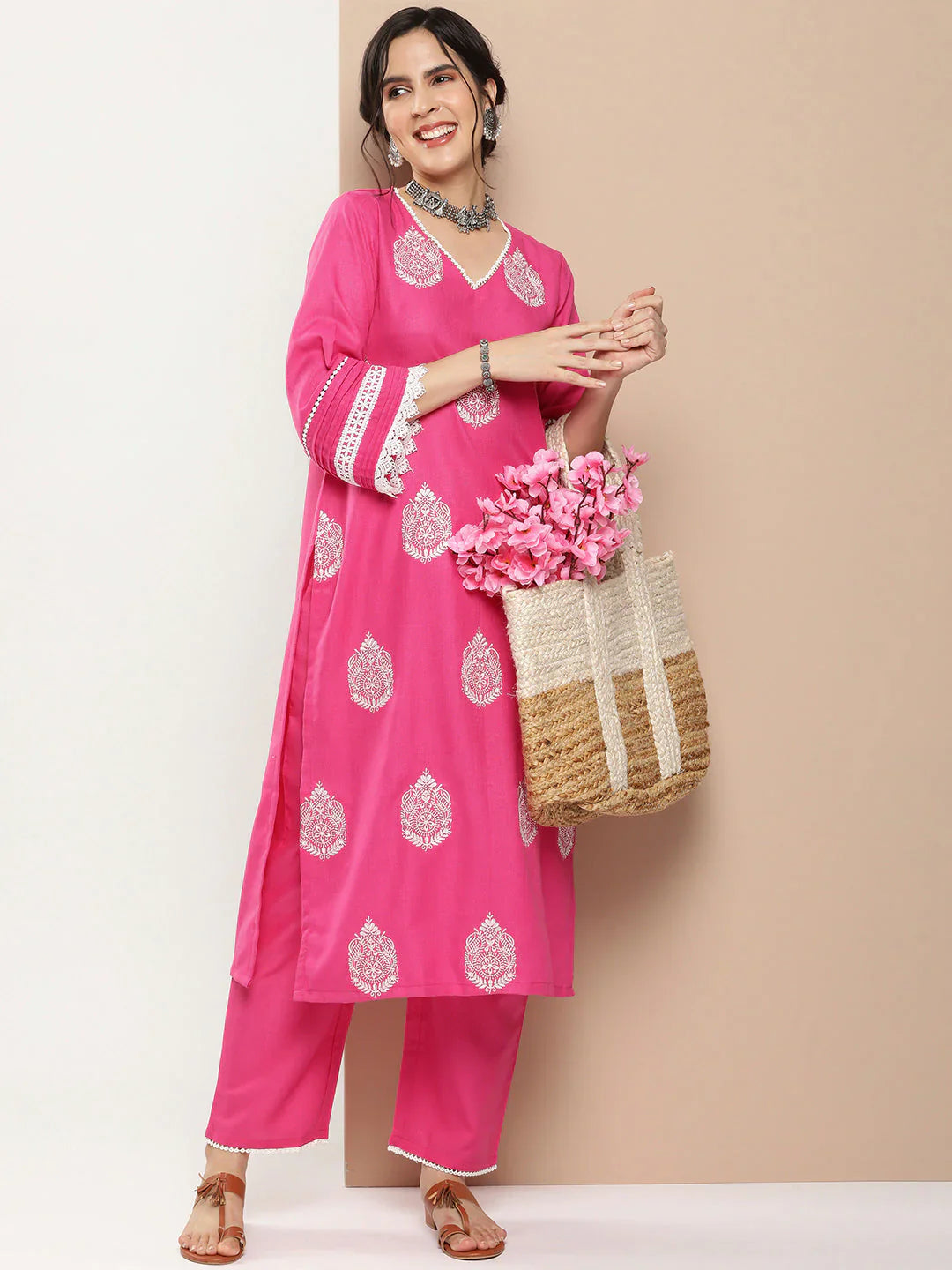 Pink Embroidered Kurta With Solid Pink Palazzo
