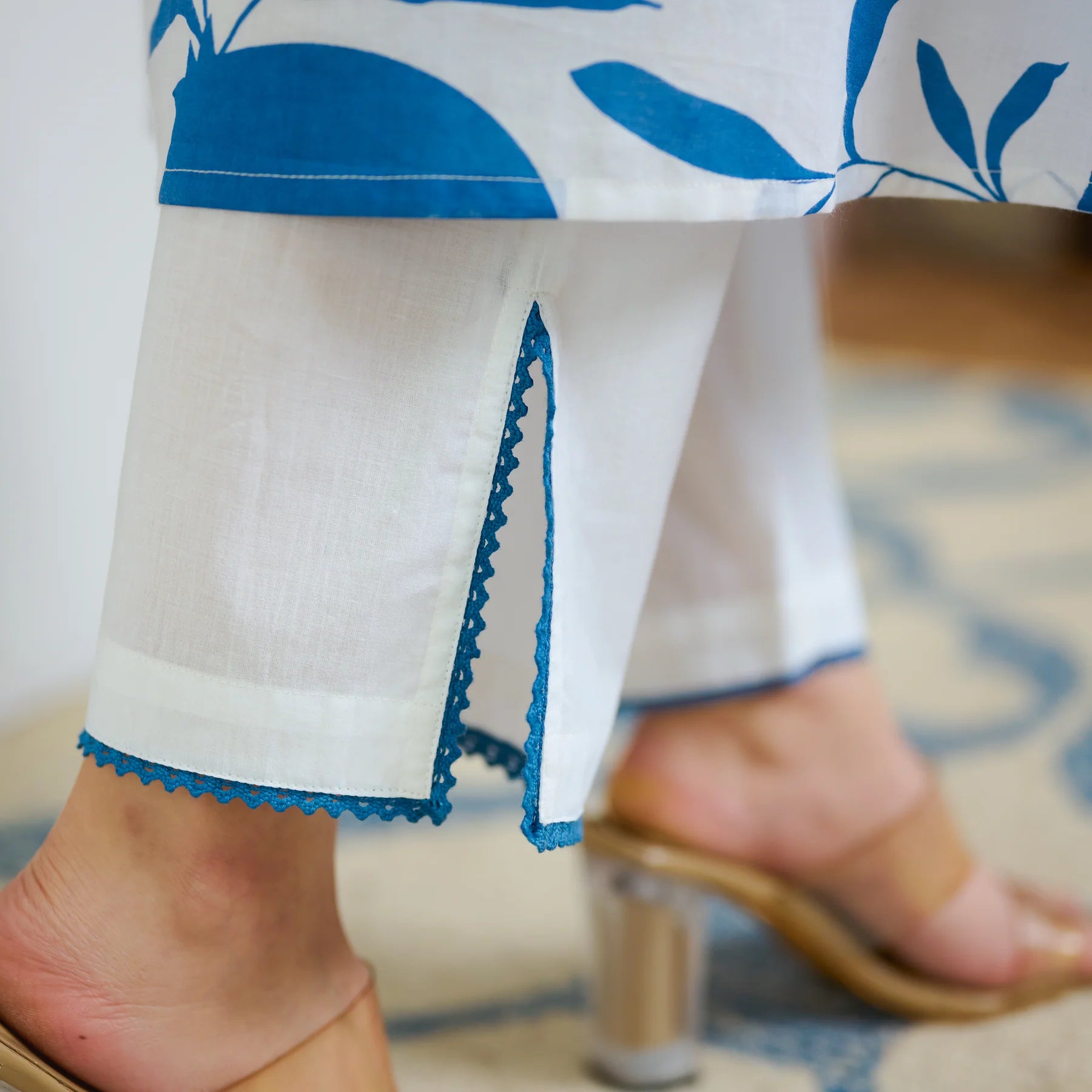 Electric Blue Cotton Kurta Set with Hand Embroidery Detail