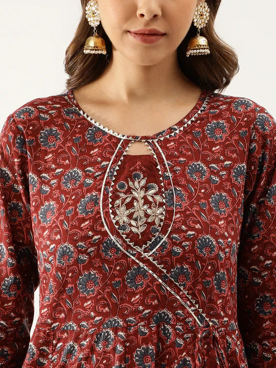 Maroon Floral Printed Cotton Anarkali Kurta Set With Dupatta