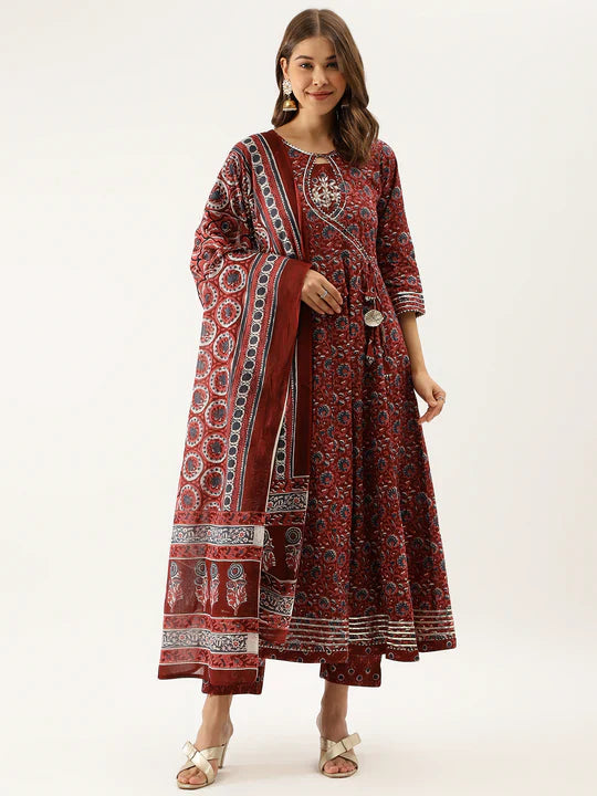 Maroon Floral Printed Cotton Anarkali Kurta Set With Dupatta