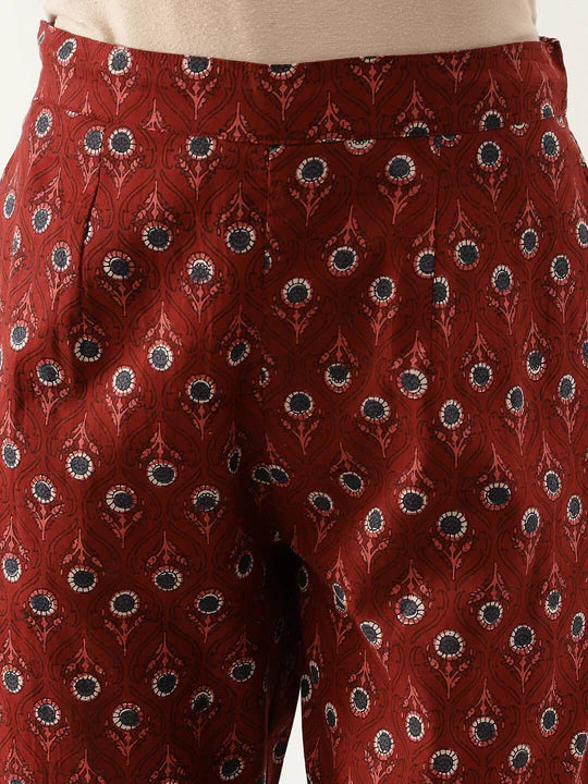 Maroon Floral Printed Cotton Anarkali Kurta Set With Dupatta