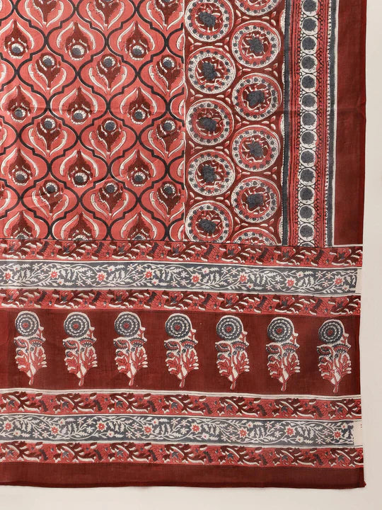 Maroon Floral Printed Cotton Anarkali Kurta Set With Dupatta