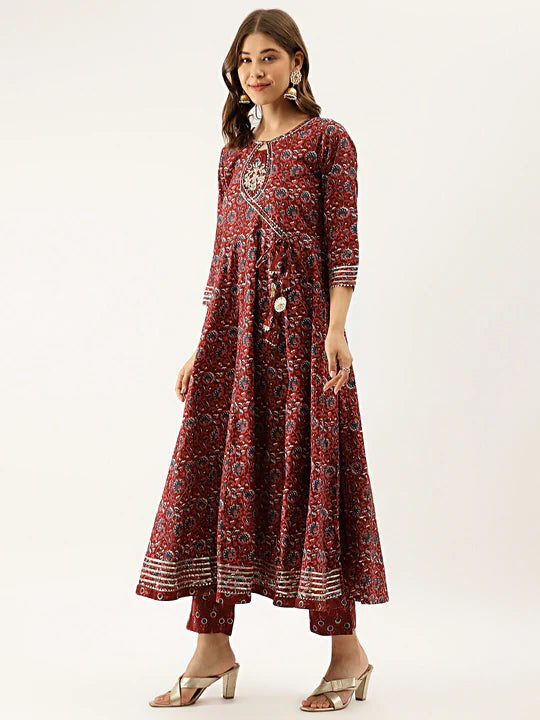 Maroon Floral Printed Cotton Anarkali Kurta Set With Dupatta