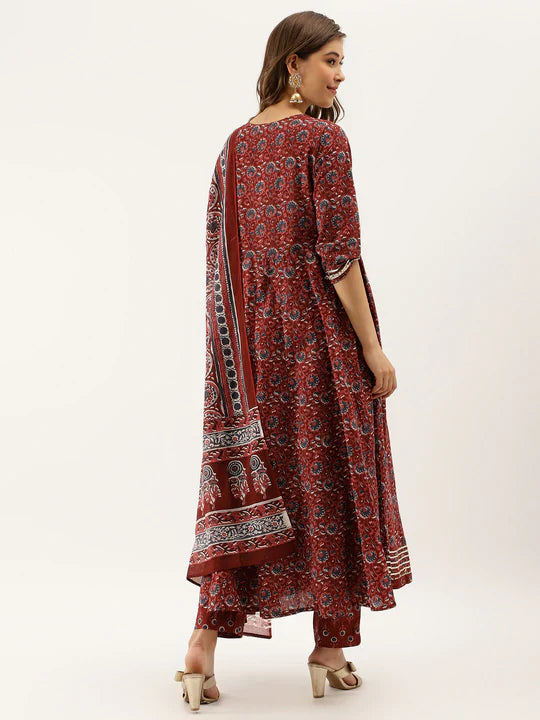 Maroon Floral Printed Cotton Anarkali Kurta Set With Dupatta