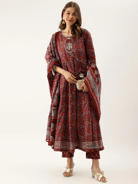 Maroon Floral Printed Cotton Anarkali Kurta Set With Dupatta