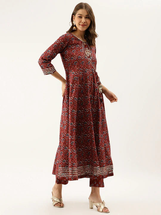 Maroon Floral Printed Cotton Anarkali Kurta Set With Dupatta