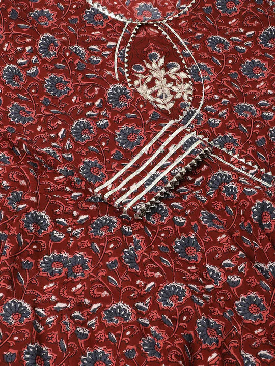Maroon Floral Printed Cotton Anarkali Kurta Set With Dupatta