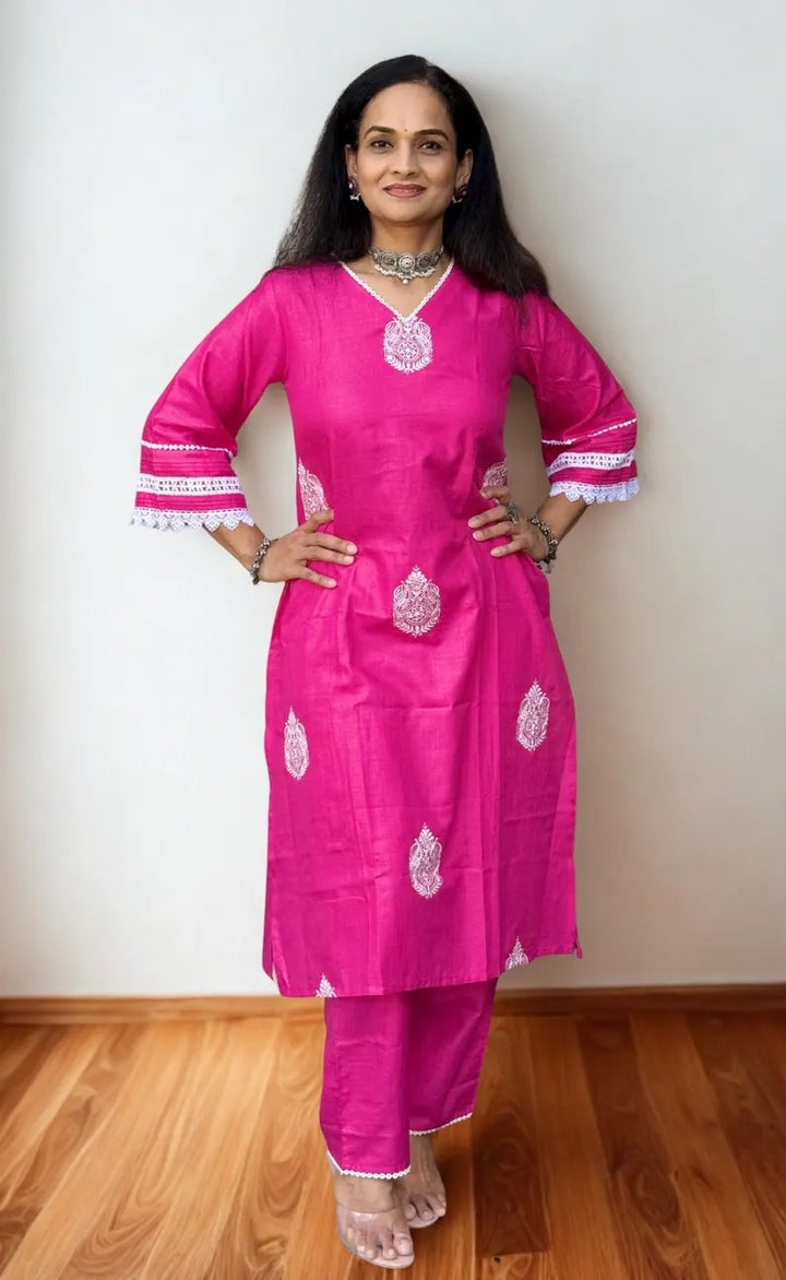 Pink Embroidered Kurta With Solid Pink Palazzo