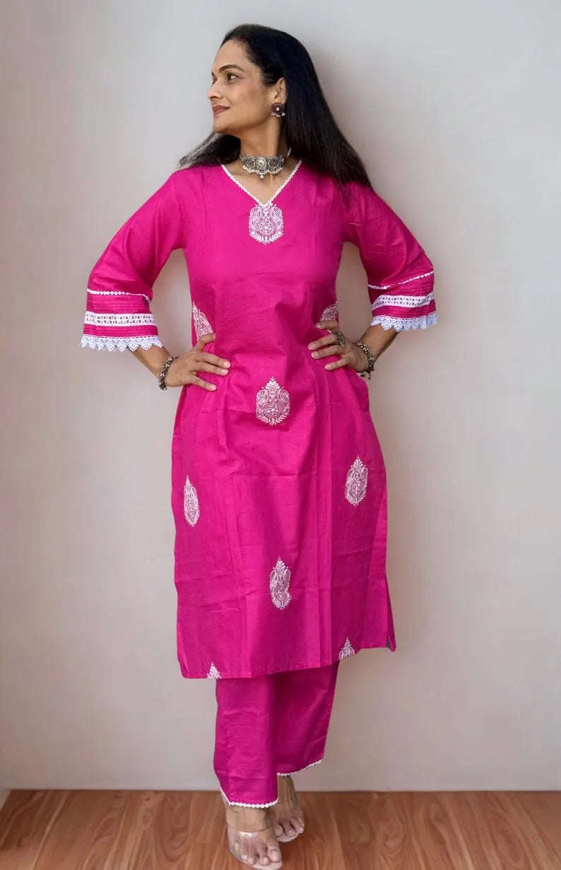 Pink Embroidered Kurta With Solid Pink Palazzo