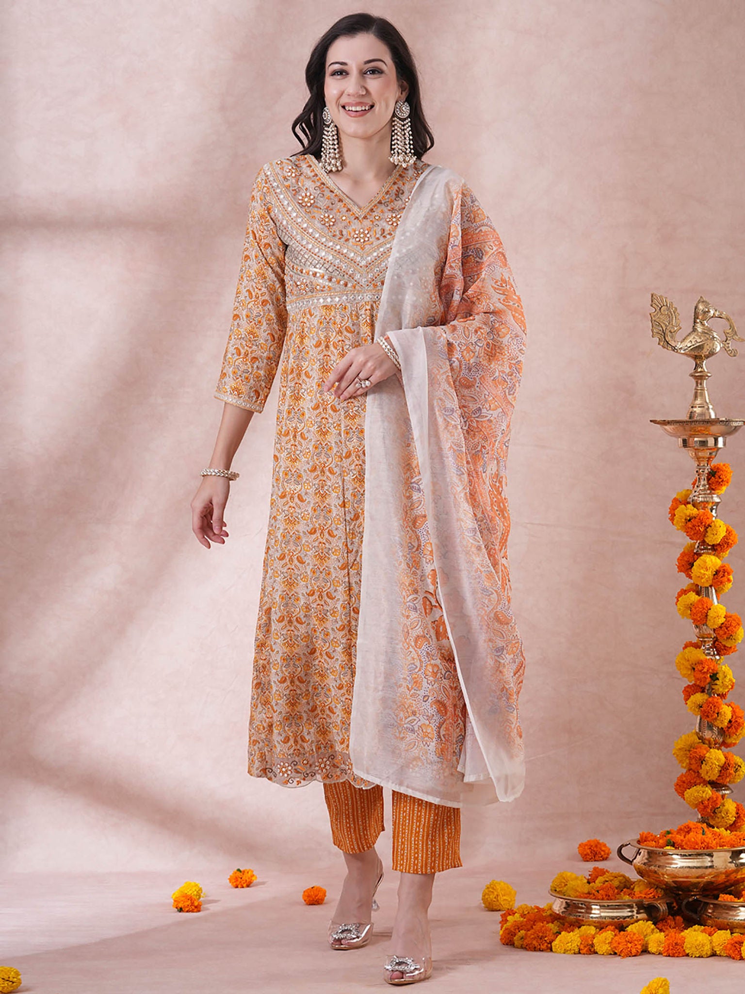 Muslin Silk Orange Kurta Set with Dupatta
