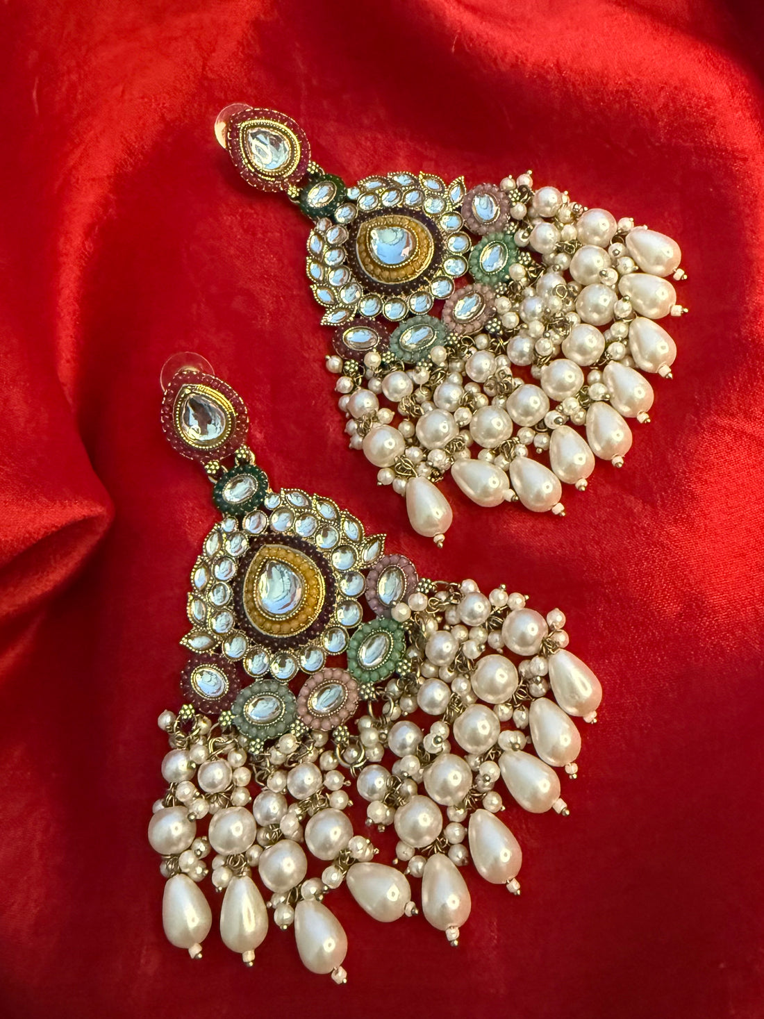 Multicolor Kundan Dangler Earrings with Pearls