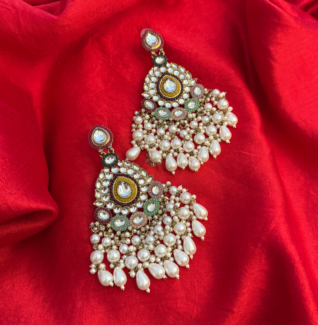 Multicolor Kundan Dangler Earrings with Pearls